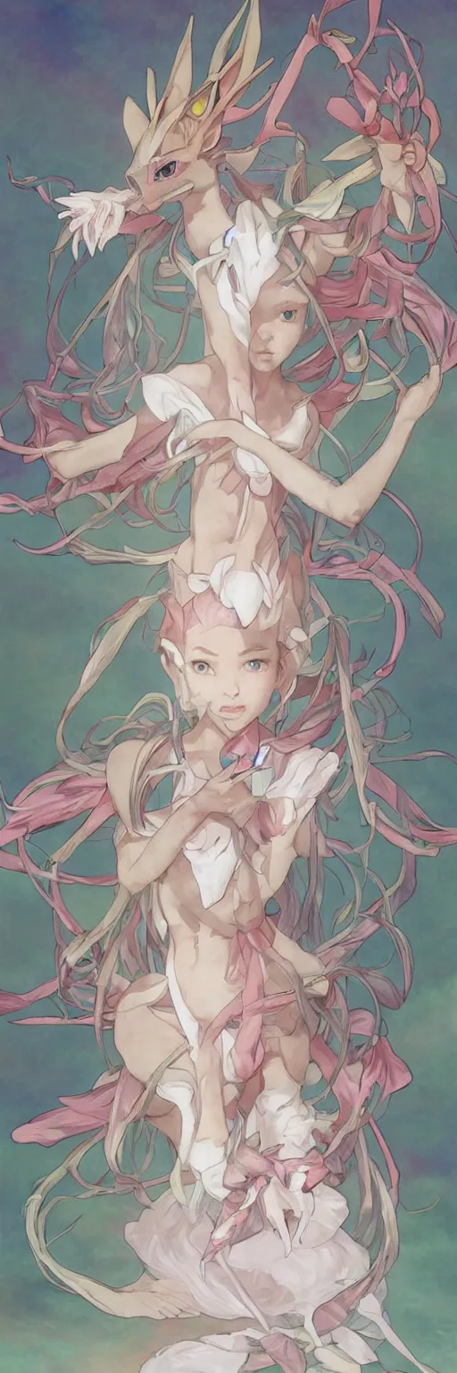 Image similar to Sylveon pokemon Gajinka as a small human girl , highly detailed, digital pencil painting, anime, cartoonish, hybrid human / anthro, monster girl, sharp focus, illustration, art by artgerm and greg rutkowski and alphonse mucha