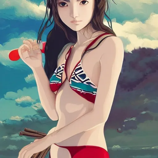 Image similar to a beautiful young japanese natalie portman alluring gravure model, stylized concept art, wearing elegant designer bomber jacket and one piece bikini, bomber jacket with mesoamerican patterns, mesoamerican native street fashion, princess mononoke, painted by ilya kuvshinov aesthetic, gorgeous, stunning, alluring, attractive, artstation, pinterest, digital art