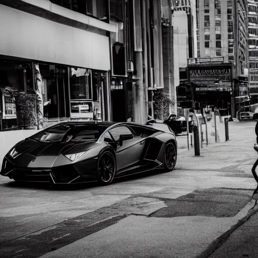 Image similar to black and white press photograph of a man in a suit pushing a lamborghini that is out of gas on a busy city street, sideview, detailed, natural light, mist, film grain, soft vignette, sigma 5 0 mm f / 1. 4 1 / 1 0 sec shutter, imax 7 0 mm footage