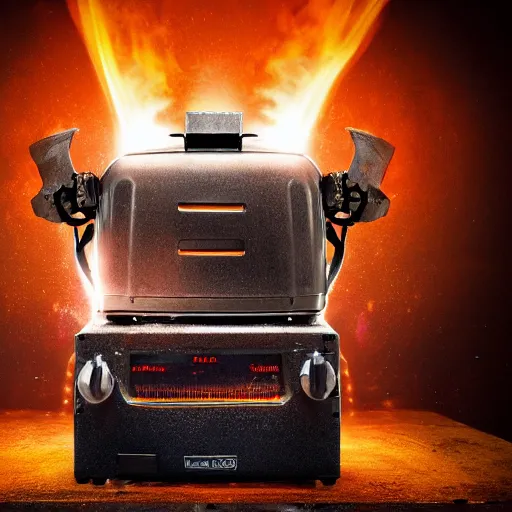 Image similar to toaster oven mecha head, dark messy smoke - filled cluttered workshop, dark, dramatic lighting, orange tint, sparks, cinematic, highly detailed, sci - fi, futuristic, movie still