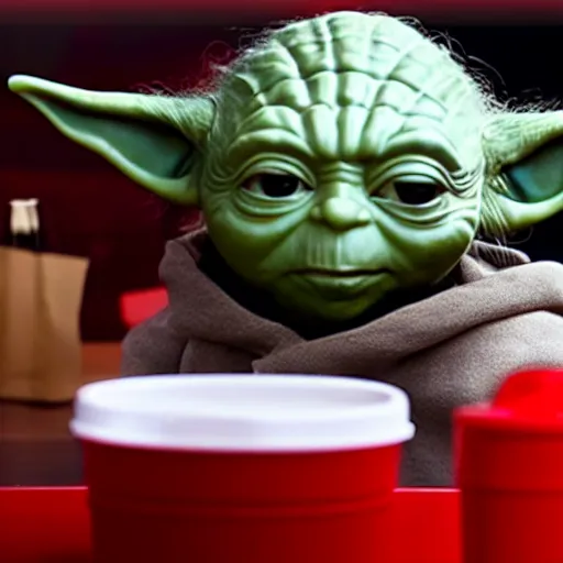 Image similar to A still of Yoda eating at KFC, 4k, photograph, ultra realistic, highly detailed, professional lighting