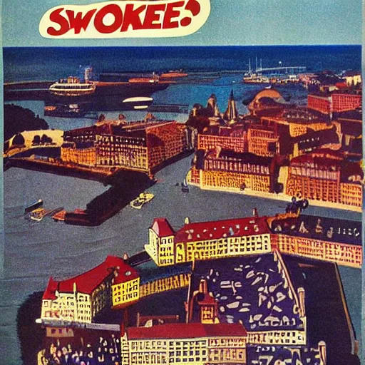 Prompt: a 1970s poster advertising Stockholm