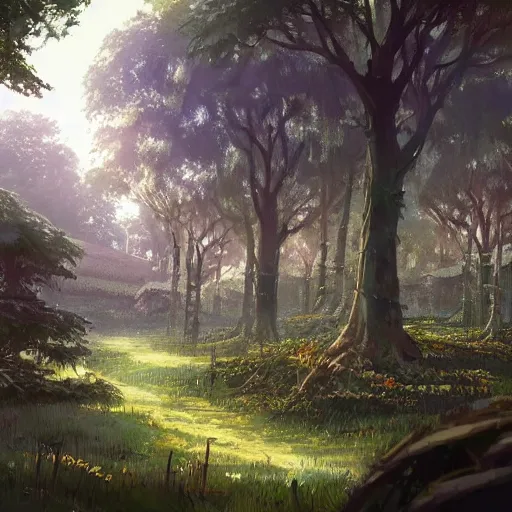 Prompt: concept art painting of a forest with houses made of trees and roots, houses inside trees, vines, deep forest, realistic, detailed, cel shaded, in the style of makoto shinkai and greg rutkowski and james gurney
