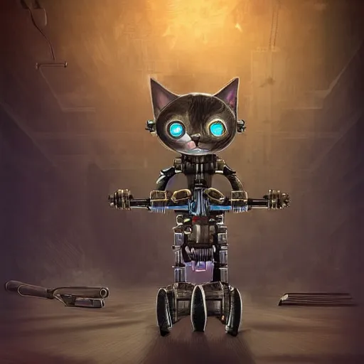 Prompt: digital painting, bioshock style, cyborg robot cat with gun sitting on the bike, realistic, hyperdetailed, concept art