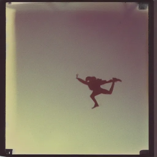 Image similar to a big flat rock flying through the sky, blurry photo, old polaroid, expired film, historical photo,