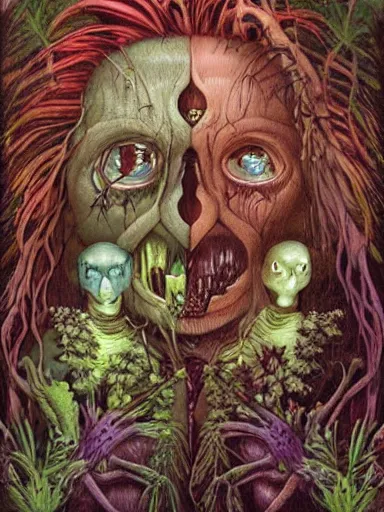 Image similar to The Hanging-Gardens of Pareidolia, ivy, verbena and pothos growing facial features and optical-illusions!!!!!, aesthetic, by Gerald Brom in the style of Johfra Bosschart in the style of,