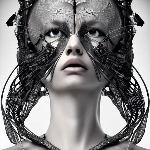 Prompt: closeup portrait of an absurdly beautiful, graceful, sophisticated, fashionable cyberpunk mechanoid gravure idol, an ultrafine hyperdetailed illustration by irakli nadar, matt wisniewski style, fashion photography, intricate linework, porcelain skin, jellyfish headdress, fractal ivory carved ruff, unreal engine 5 highly rendered, global illumination, radiant light, detailed and intricate environment