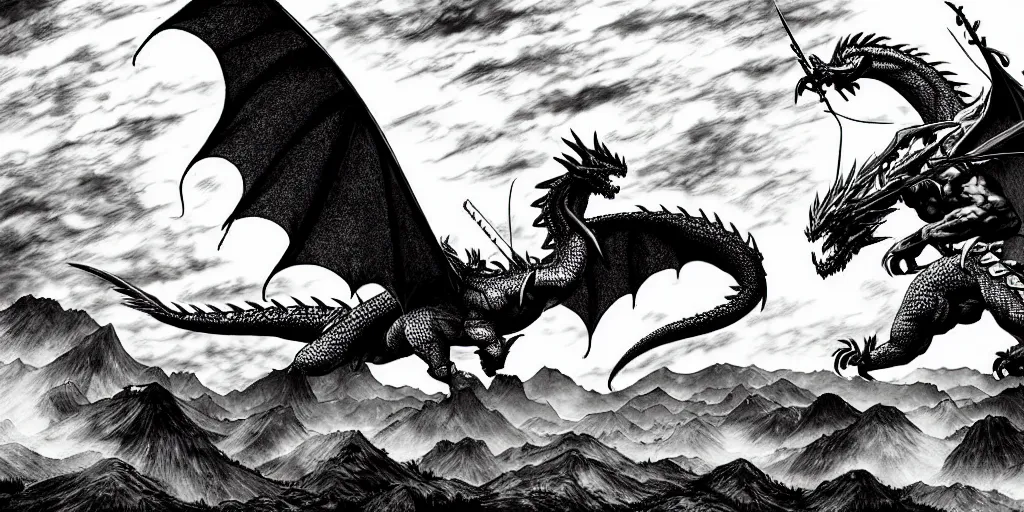 Image similar to archer. dragon. night sky. moon. mountain. dark fantasy. epic fight. detailed. digital art. black and white. by kentaro miura