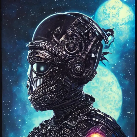 Image similar to a highly detailed space pirate portrait of an interstellar criminal radiating a dark unholy aura, a divine cosmic punisher, ornate black futuristic gothic armor, intricate broken space helmet, VR iridium visor, 8k, by Tristan eaton, Stanley Artgermm, Tom Bagshaw, Greg Rutkowski, Carne Griffiths, Ayami Kojima, Beksinski, Giger, trending on DeviantArt, face enhance, hyper detailed, minimalist, cybernetic, android, blade runner, full of colour,