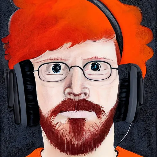 Image similar to middle aged streamer on twitch with black hat, stubble, ginger hair, orange hair, black cap, stubbles, red headphones, in the style of jeremiah ketner, art, abstract