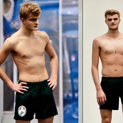 Image similar to a realistic detailed photo of a guy who is an attractive humanoid who is half robot and half humanoid, who is a male android, soccer players martin ødegaard & timo werner, shiny skin, posing like a statue, blank stare, in a factory, on display, showing off his muscles, gold soccer shorts, side view, looking at each other mindlessly