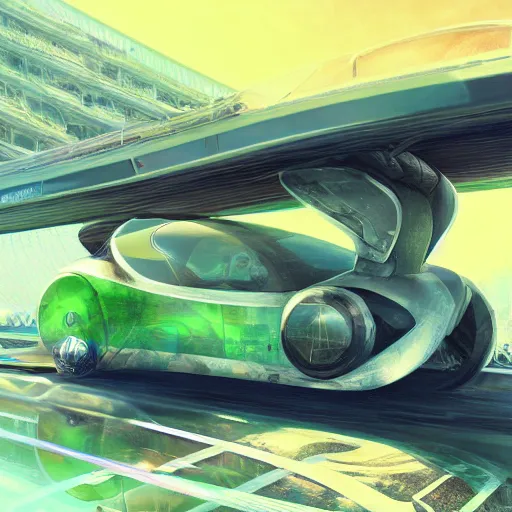 Image similar to solarpunk hovercar, clean energy, green technology, batoidea shape, highway, sunny day, futurism, intricate, engines, glow, highly detailed, peaceful, utopia, bright, digital painting, artstation, concept art, smooth, sharp focus, epic landscape, art by akihiko yoshida and tim mcburnie and anato finnstark