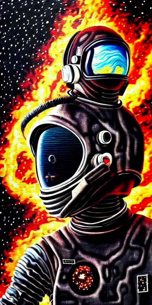 Prompt: an extreme detailed painting with detailed textures of a headless astronaut with quantum fire coming out of his helmet, disturbing cybergothic dystopian polluted high image quality