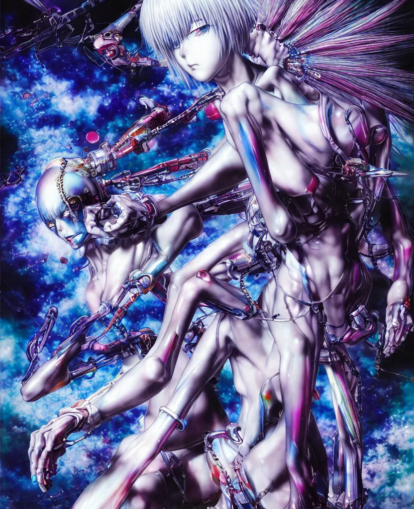 Image similar to realistic detailed image of ultra wrathful rainbow diamond nightmare mega rei ayanami, depth perception, depth of field, action horror, gothic, rich deep colors. by yoshitaka amano, by yukito kishiro, by yoshiyuki sadamoto, masterpiece