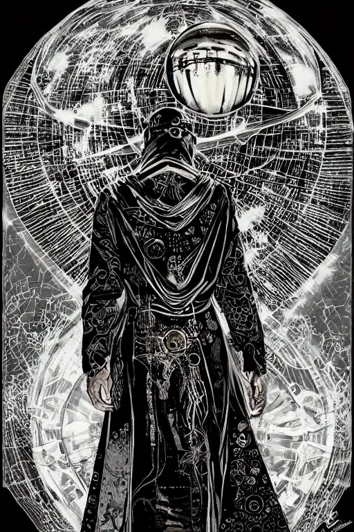 Image similar to cloaked steampunk wizard looking into a crystal ball, high details, intricately detailed, by vincent di fate, inking, 3 color screen print, masterpiece, trending on artstation,, sharp, details, hyper - detailed, hd, 4 k, 8 k