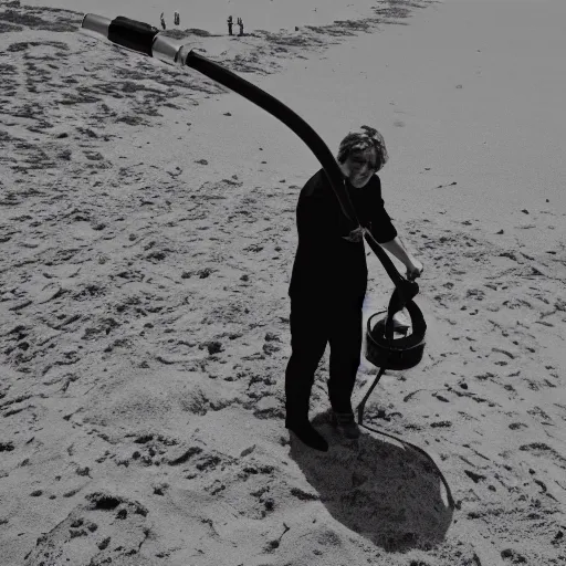 Prompt: anakin skywalker vacuuming the beach to remove all the sand, 4k 15mm wide angle lens. Ultra HD