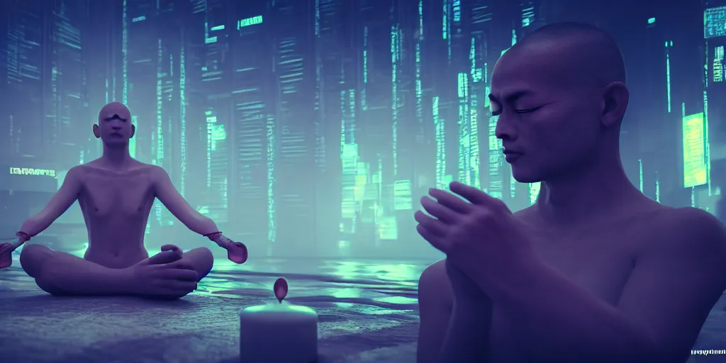 Image similar to meditating monk in cyberpunk style, ultra realistic 8 k resolution.