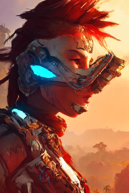 Image similar to combination suit armor aloy horizon forbidden west horizon zero dawn radiating a glowing aura global illumination ray tracing hdr fanart arstation by ian pesty and alena aenami artworks in 4 k tribal robot ninja mask helmet backpack