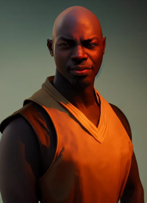 Image similar to An epic fantasy comic book style portrait painting of a young dark skinned thief with broad shoulders and a bald head in a vest, unreal 5, DAZ, hyperrealistic, octane render, cosplay, RPG portrait, dynamic lighting