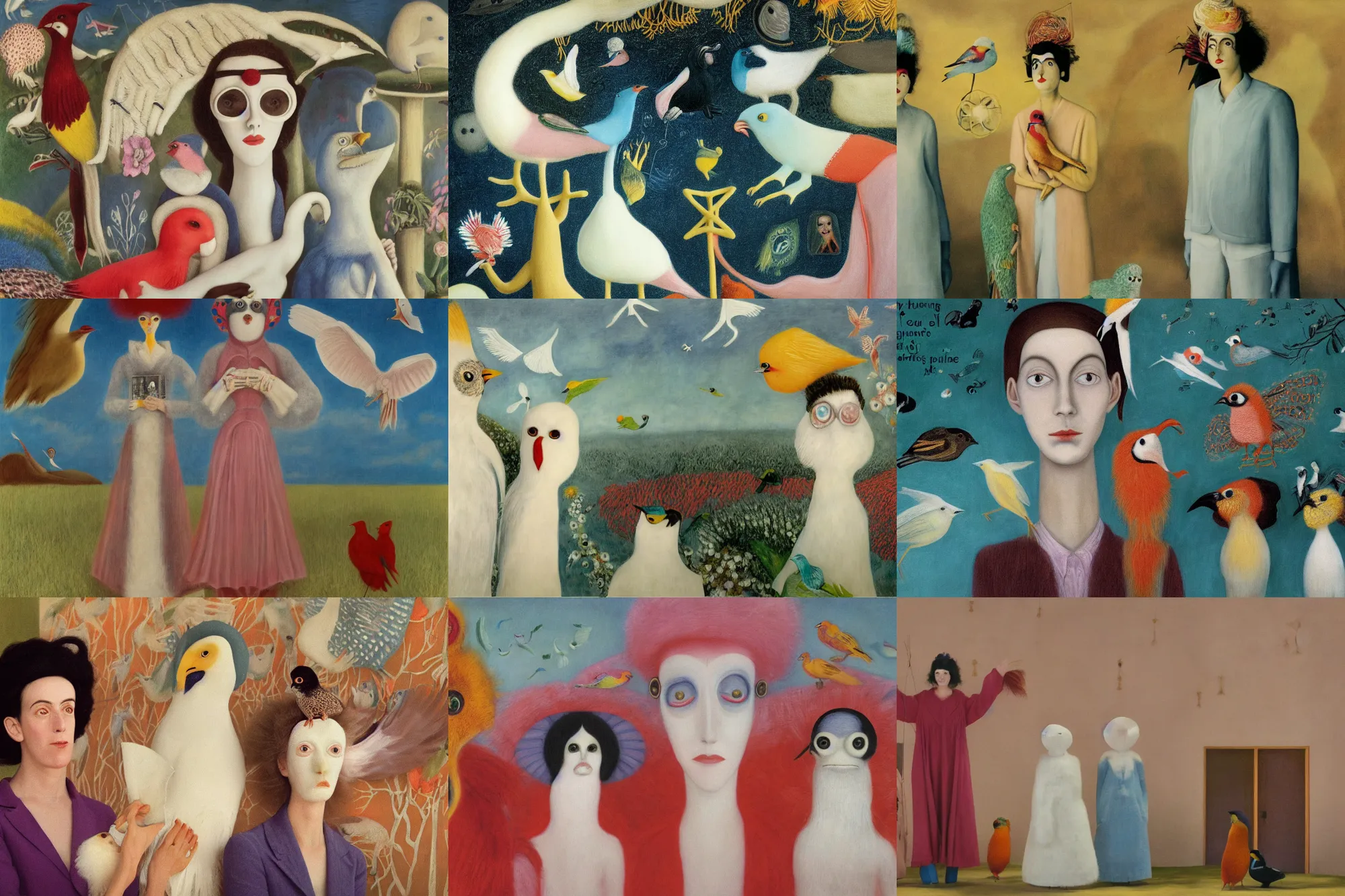 Prompt: non binary future world, sustainable cities in a harmonious coexistence, lou, noa & plume are studying the birds language, super 8 portrait by leonora carrington, florine stettheimer, barbara hammer 4 k, 8 k, perfect face