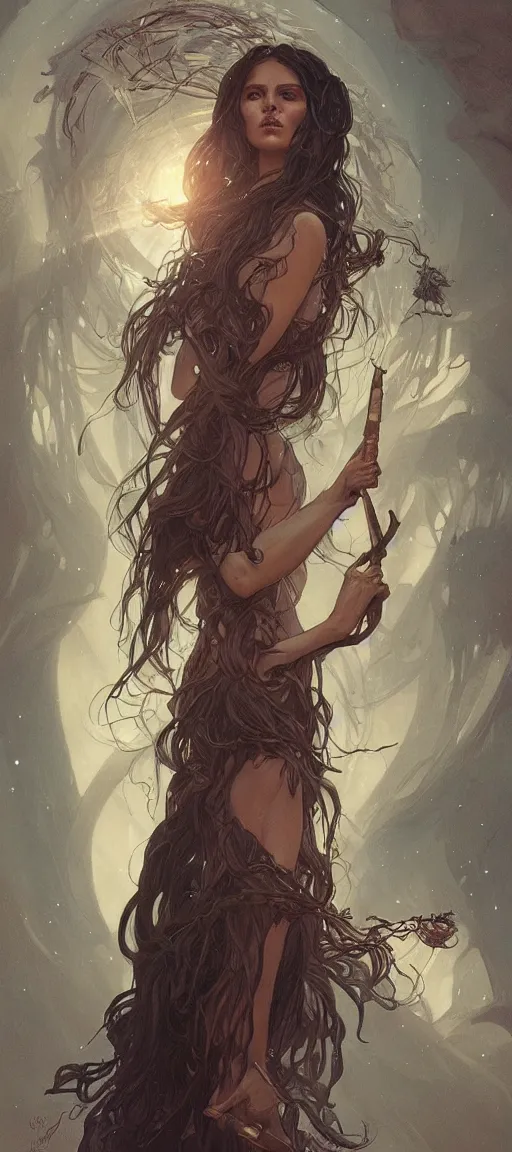 Image similar to a witch casting a spell, sci-fi, face, long hair, fantasy, intricate, elegant, highly detailed, digital painting, artstation, concept art, smooth, sharp focus, illustration, art by artgerm and greg rutkowski and alphonse mucha