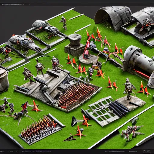 Image similar to Warzone with an army of lawn gnomes wielding midieval weaponry, axonometric exploded view, high detail, 8k, photorealistic