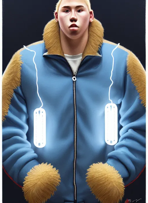 Image similar to portrait of high school senior boy named big moose, blonde short hair, jock, beefy, wide face, square jaw, square facial structure, blue varsity jacket with the word moose, intricate, elegant, glowing lights, highly detailed, digital painting, artstation, concept art, sharp focus, illustration, art by wlop, mars ravelo and greg rutkowski