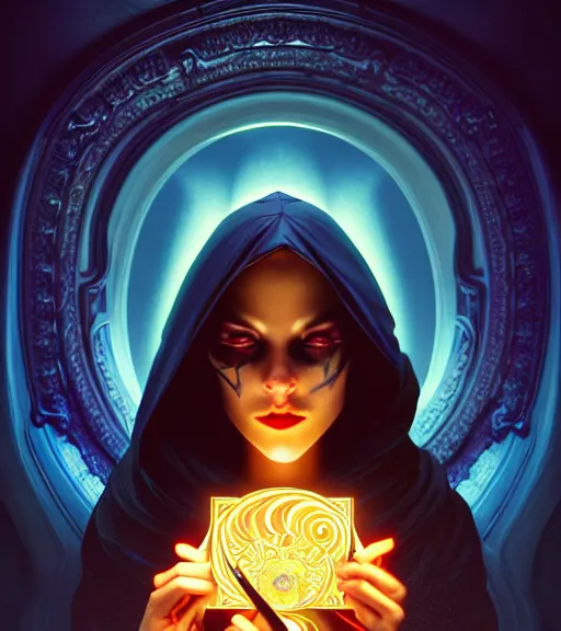 Image similar to book cover, front portrait, dark witch with black hood and evil eyes, realism, soft, smooth, luminescent, art nouveau tarot, backlit glow, colorful swirly ripples, gaudy colors, aesthetic octane render, unreal engine, 8 k, by artgerm, greg rutkowski, alphonse mucha