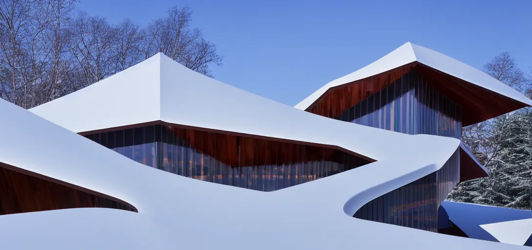 Image similar to faceted roof planes lift and descend creating shade and architectural expression, highly detailed, situated in snow, vivid color