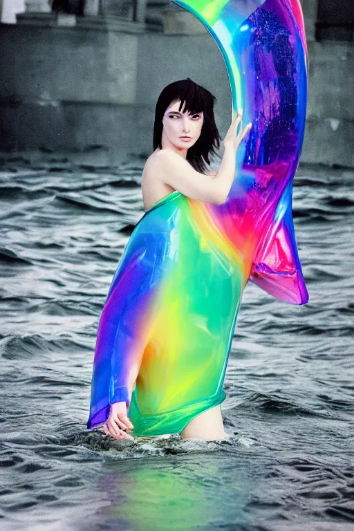 Prompt: Beautiful Sergey Piskunov style seinen manga iod racing in bermuda(1980) film still beach dance scene Fashion photography portrait of feminine dancer, wearing translucent refracting rainbow diffusion wet plastic zaha hadid designed specular highlights raincoat, half submerged in heavy nighttime paris floods, water to waste, , épaule devant pose;pursed mouth; mercury white lipstick;,pixie hair,;oversized emerald eyes;eye contact;,petite nose; by Nabbteeri, ultra realistic, Kodak , 8K, 15mm lens, three point perspective, chiaroscuro, highly detailed, by moma, by Nabbteeri