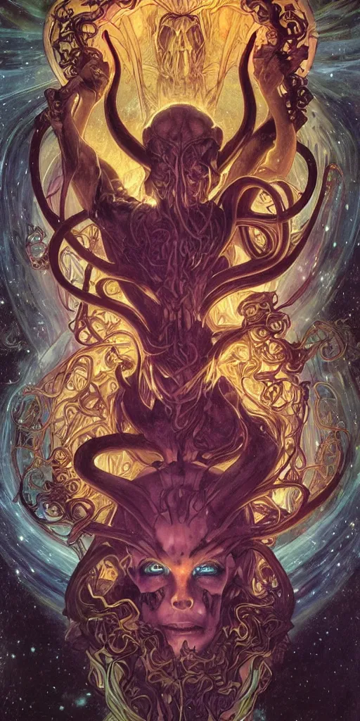 Prompt: intense glowing angry pagan god with horns and tentacles and intense glowing eyes and a skull in very dark cosmic space by karol bak and artgerm and alphonse mucha, portrait, fantasy, clear, light beams, lens flare, intense, uhd, amazing depth, cinematic lighting, purple and teal and indigo and cyan