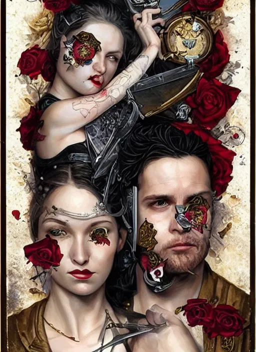 Image similar to tarot card :: horror :: hearts and roses :: gold and silver :: guns and swords :: Sandra Chevrier and bastien lecouffe deharme