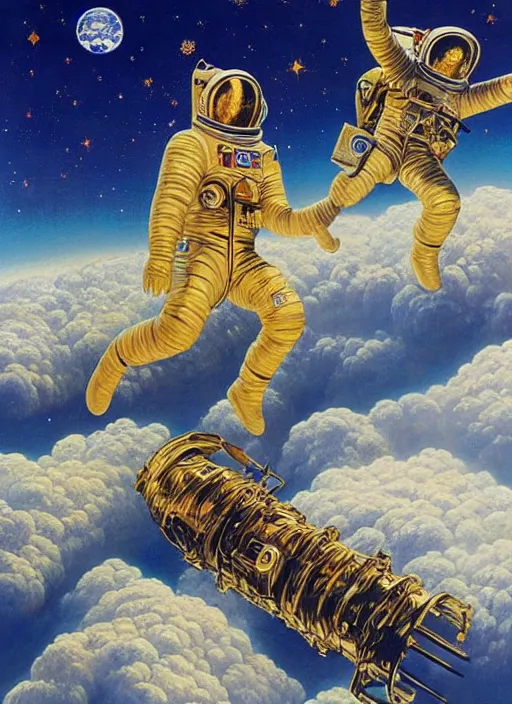 Prompt: a golden doodle astronaut, large scale painting by robert mccall and vladimir kush