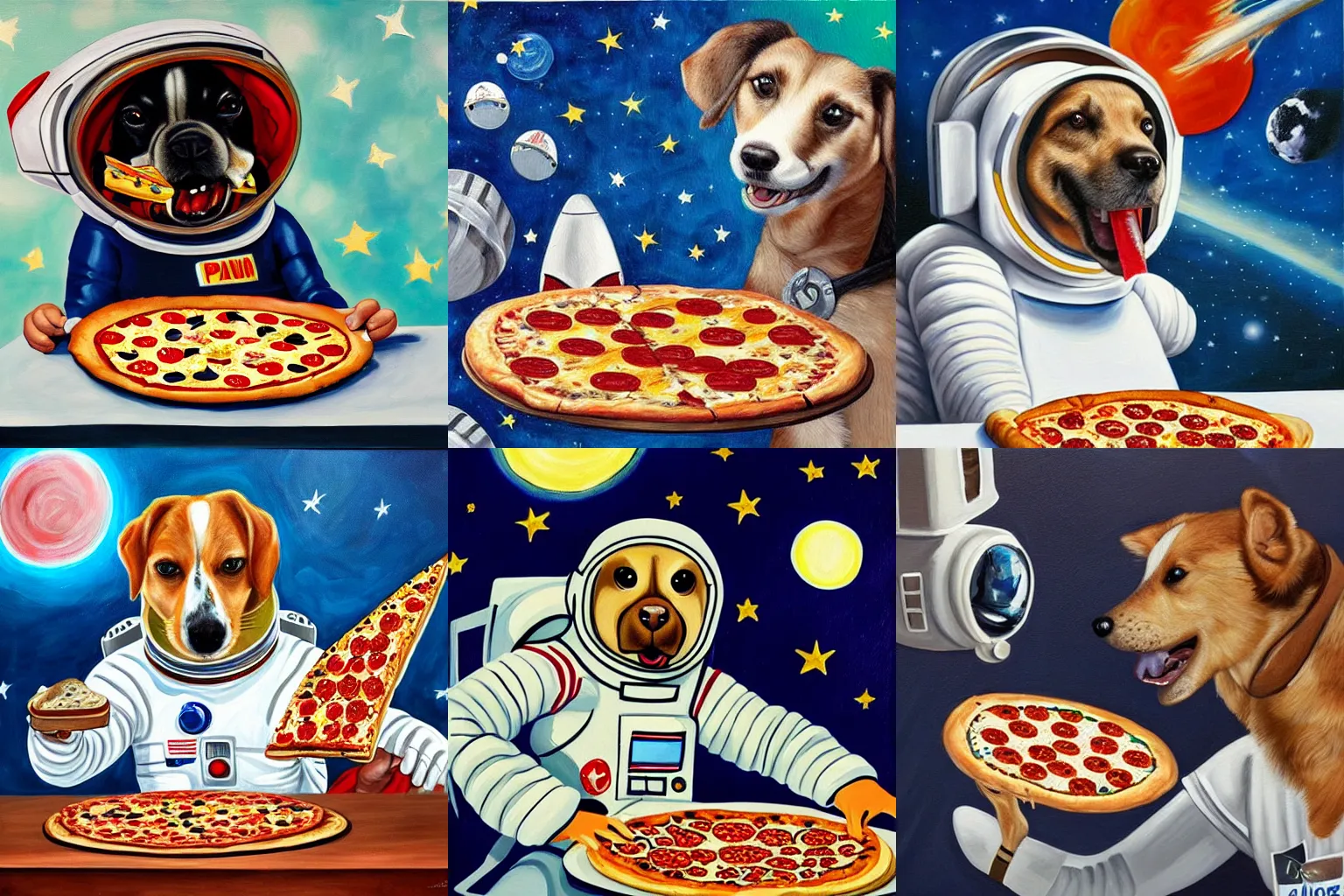 Prompt: A painting of an astronaut dog eating pizza