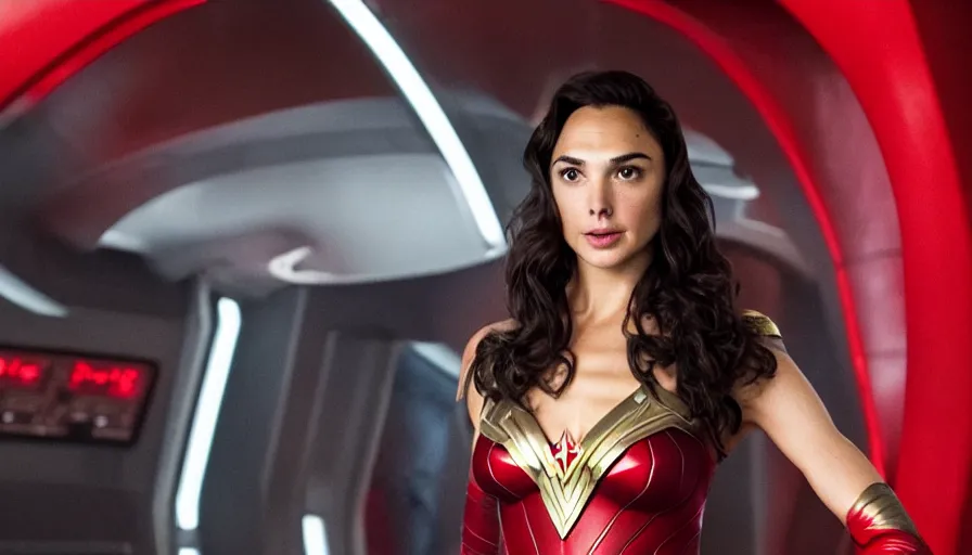 Prompt: Gal Gadot, wearing command red, is the captain of the starship Enterprise in the new Star Trek movie