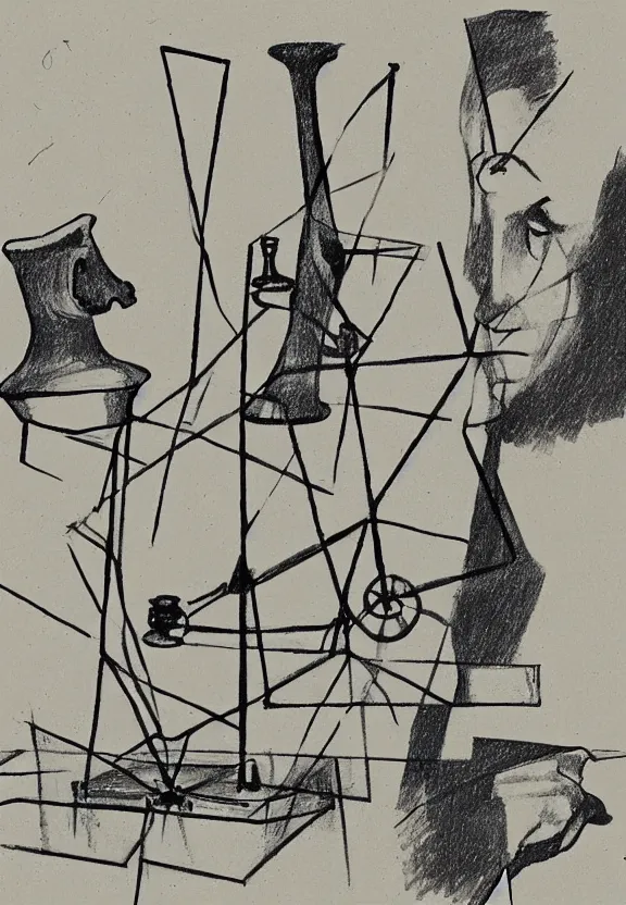 Image similar to a concept drawing of marcel duchamp holding up a chess - piece wire - machine, a surrealist painting by marcel duchamp, complex artificial - intelligence machinery, minimal sketch flow - chart, academic art, 1 9 2 0 s