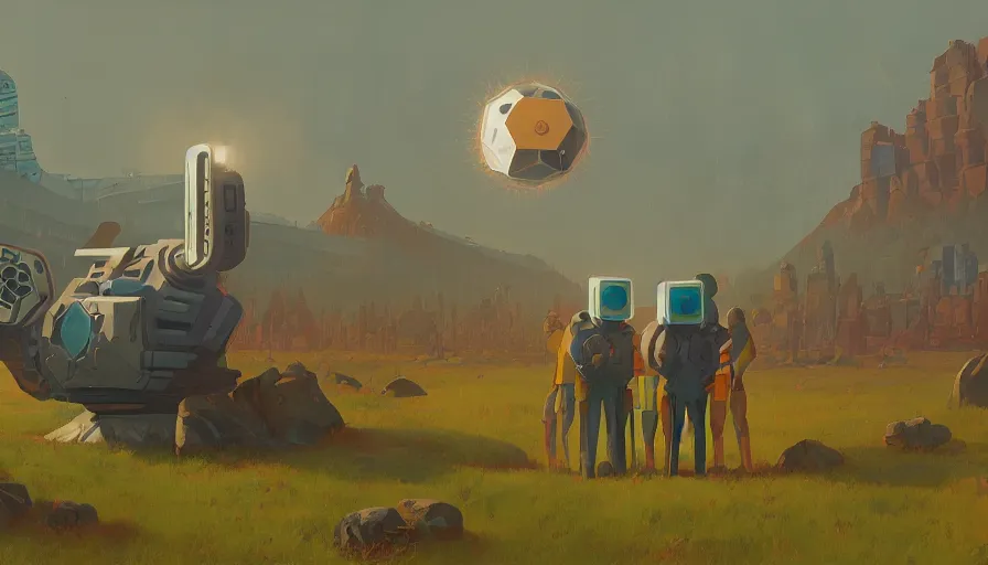 Image similar to hexagon shield blocking the sun, simon stalenhag