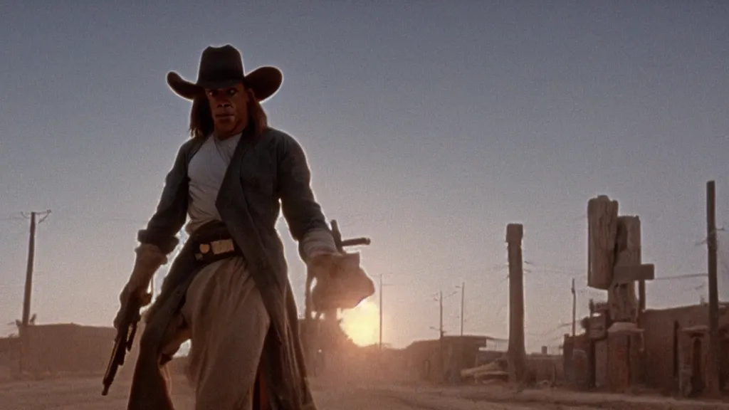 Prompt: Jar Jar Binks in a cowboy hat, holding a shotgun, standing in a dusty old western street at dusk, movie screenshot directed by Sergio Leone. Shot from a high angle. Cinematic. 24mm lens, 35mm film, Fujifilm Reala, f8