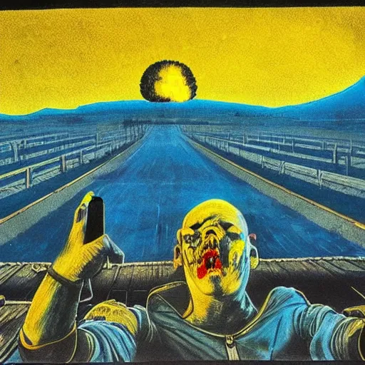 Image similar to selfie, radiation eats a funny ukrainian and ugly dwarfs alive wild pain and despair, all dressed and painted in dirty yellow - blue colors against the backdrop of a huge nuclear explosion from which everyone will die in a second