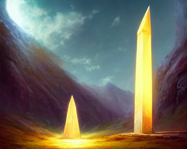 Prompt: priestess of light standing a glowing obelisk etched with burning inscriptions, fantasy art by marc simonetti, artgerm, artstation, celestial mountain grove, moonlight, sylvain sarrailh