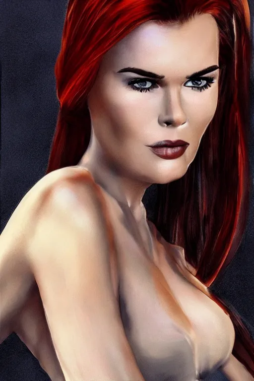 Image similar to mix of beautiful young maria shriver, mariel hemmingway, brooke shields, nicole kidman and elle macpherson as a dominatrix, thin lips, hair tied up in a pony tail, dark blonde hair, colorful, deviantart, artstation, cgsociety