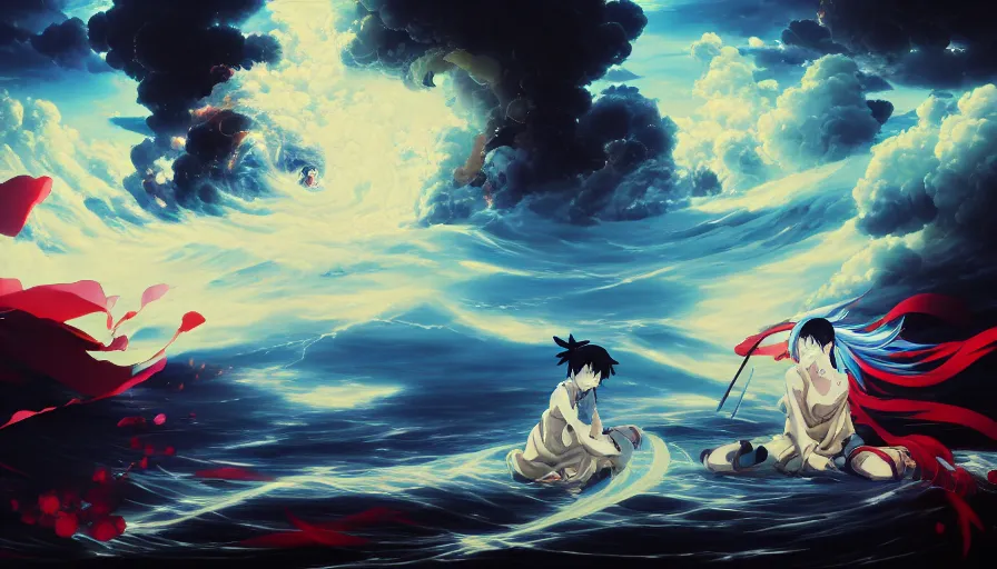 Image similar to baroque oil painting of key visual ninja war, storm, fake detail, trending pixiv fanbox, acrylic palette knife, style of james jean makoto shinkai takashi takeuchi yoshiyuki sadamoto greg rutkowski chiho aoshima