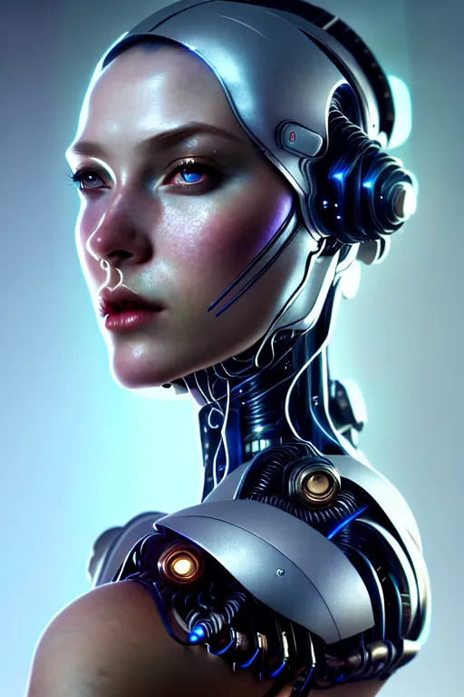 Image similar to portrait of ultra realistic, beautiful cyborg woman, metahuman, sci-fi, fantasy, cyberpunk, intricate, elegant, highly detailed, digital painting, octane render, artstation, concept art, smooth, sharp focus, eerie, illustration, art by artgerm and and alphonse mucha