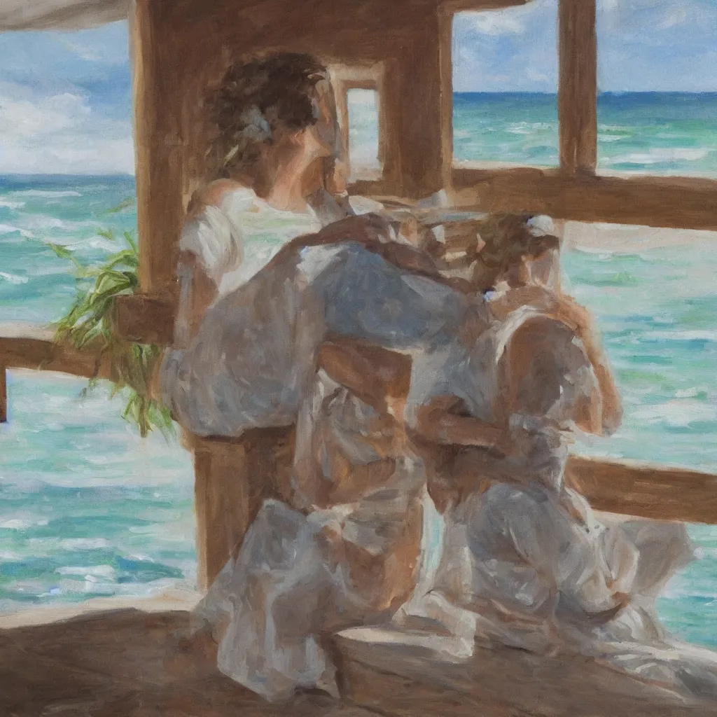 Image similar to a beautiful woman with freckles sitting on the porch of a one-story house in the caribbean watching the sea, realistic, oil on canvas