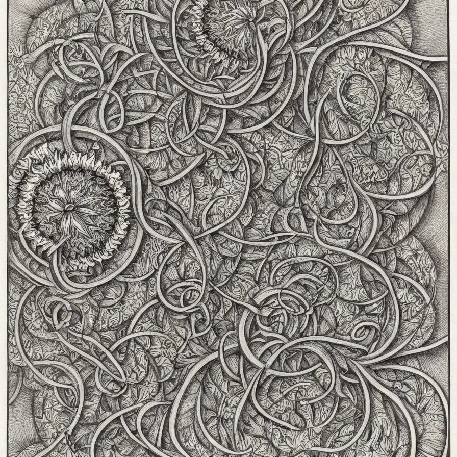 Image similar to an ornate illustration in the styles of mandalas and fractals, the styles of escher and penrose, depicting sunflowers and vines.