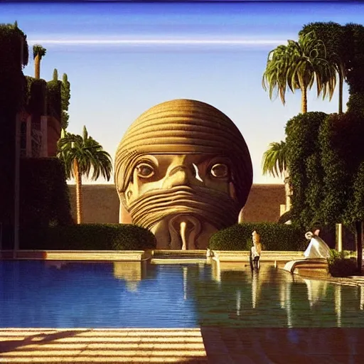 Image similar to David Ligare masterpiece, hyperrealistic surrealism, award winning masterpiece with incredible details, beautiful lighting, pool caustics, illuminated orbs, epic stunning, infinity pool, a surreal vaporwave liminal space, highly detailed, trending on ArtStation, broken giant marble head statue ruins, calming, meditative, geometric liminal space, palm trees, very vaporwave, very very surreal, sharp details, giant gold rings