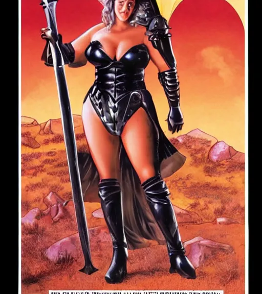 Image similar to 1 9 8 0 s fantasy novel book cover, bbw plus size amazonian young julie bowen in extremely tight bikini armor wielding a cartoonishly large sword, exaggerated body features, dark and smoky background, low quality print