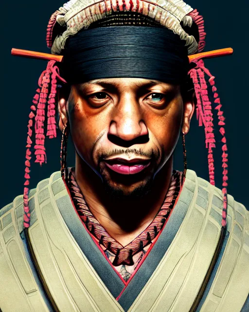 Prompt: face portrait of allen iverson as a muscular ronin samurai, wearing a haori, by wlop and peter mohrbacher, dramatic action pose, extremely detailed shading, concept art, digital painting, trending on artstation, unreal engine 5, octane render, atmosphere, glow, cinematic lighting, full of color