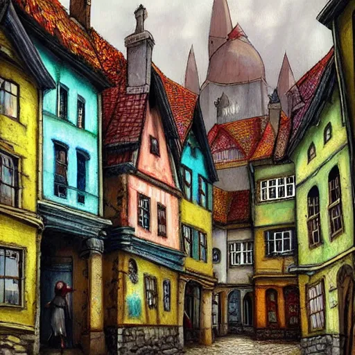 Image similar to a beautiful painting of a brightly colored medieval street with crooked buildings, painted by alexander jansson, artstation