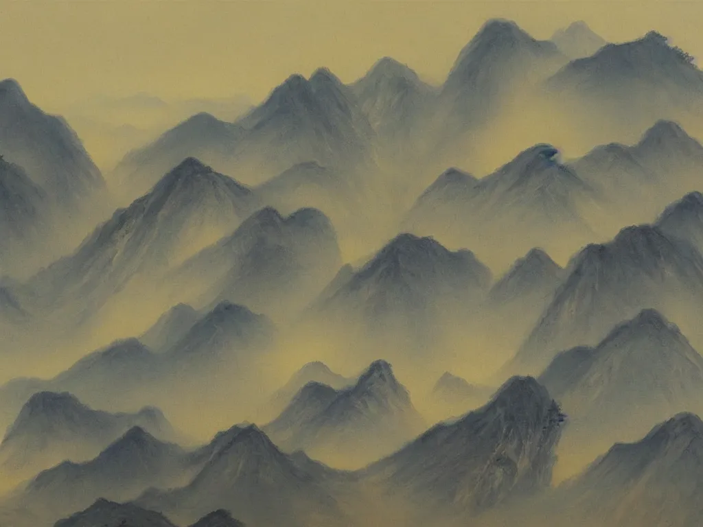 Prompt: landscape painting of china's yellow mountains on a foggy day by shenzhou 沈 周